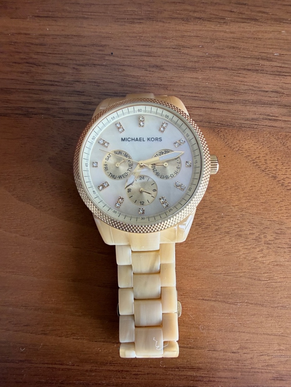 Michael Kors Gold Tone Watch with Cream Resin Bracelet